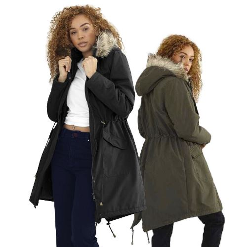 Brave Soul Charlotte Fishtail Parka — Faux-Fur Hood, Coated Microfibre