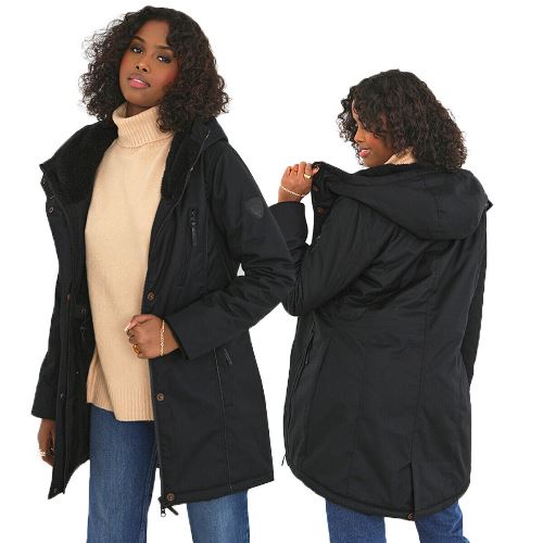 Brave Soul Vicky Long Fishtail Parka — PU-Coated, Black