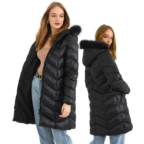 Brave Soul Charlene Padded Coat — Knee-Length, Faux-Fur Hood, Black