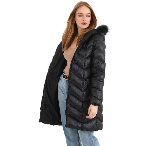 Brave Soul Charlene Padded Coat — Knee-Length, Faux-Fur Hood, Black