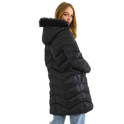 Brave Soul Charlene Padded Coat — Knee-Length, Faux-Fur Hood, Black