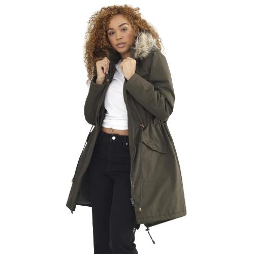 Brave Soul Charlotte Fishtail Parka — Faux-Fur Hood, Coated Microfibre