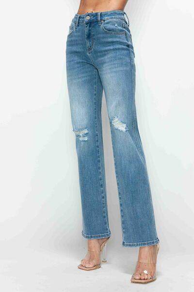 Bytos Distressed High-Rise Straight Jeans — Medium Wash, Full Size