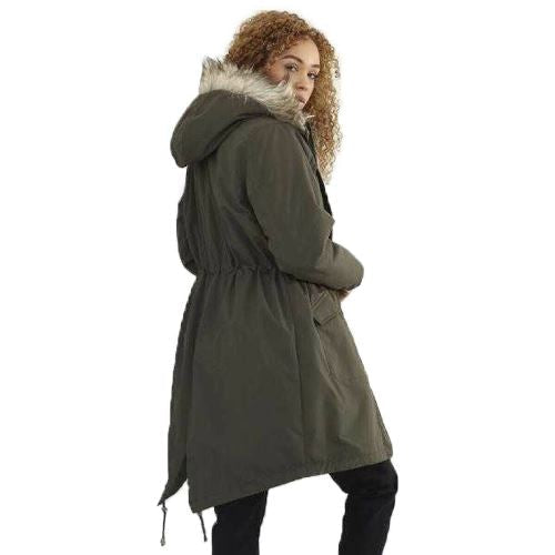 Brave Soul Charlotte Fishtail Parka — Faux-Fur Hood, Coated Microfibre