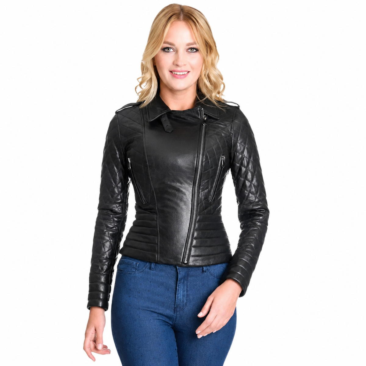 Women’s Black Motorcycle Biker Leather Jacket-0