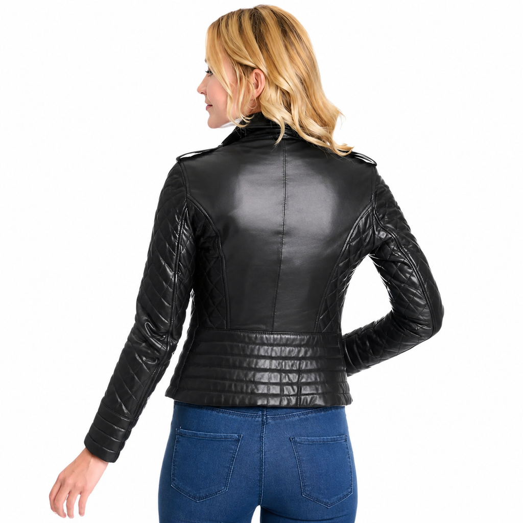 Women’s Black Motorcycle Biker Leather Jacket-1