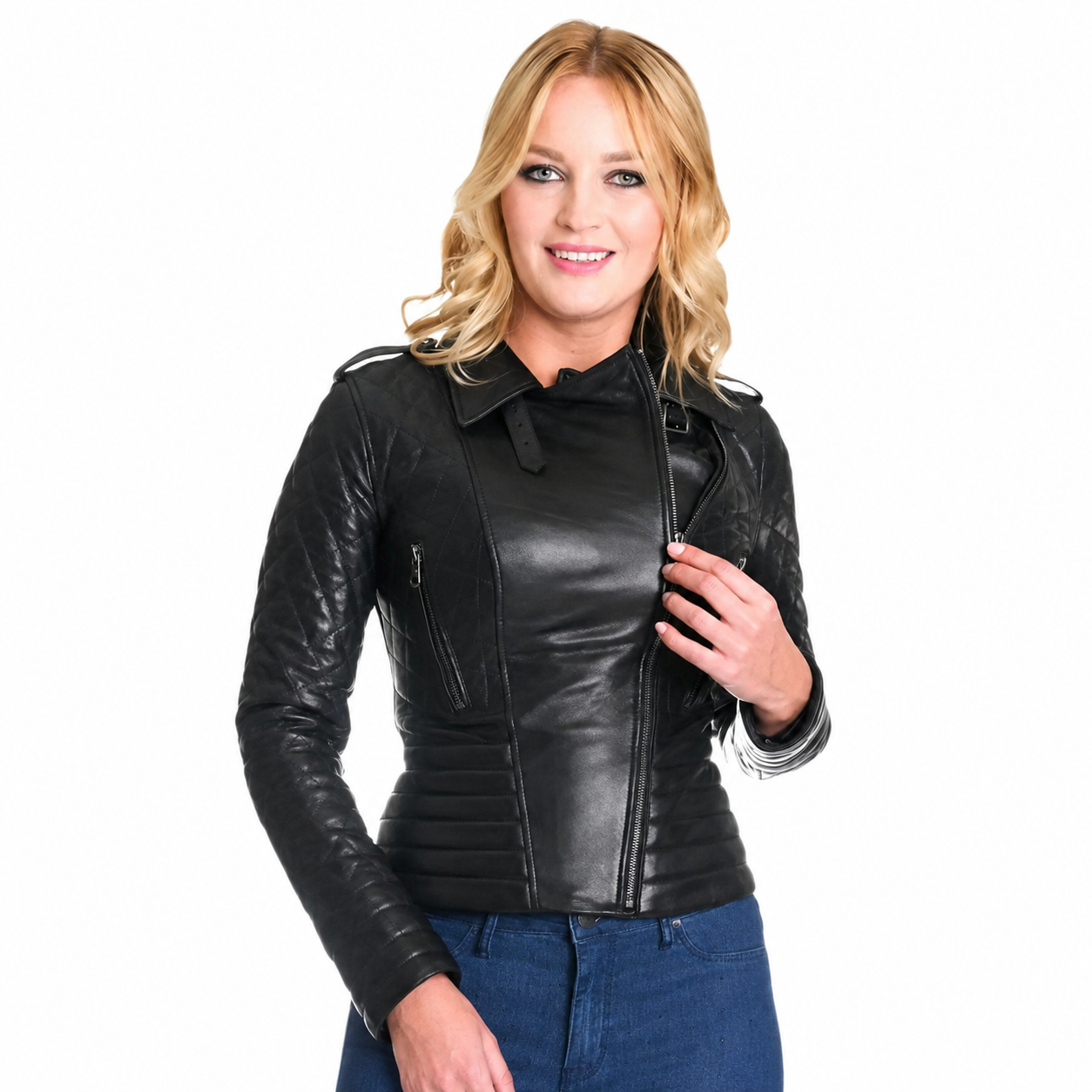 Women’s Black Motorcycle Biker Leather Jacket-4