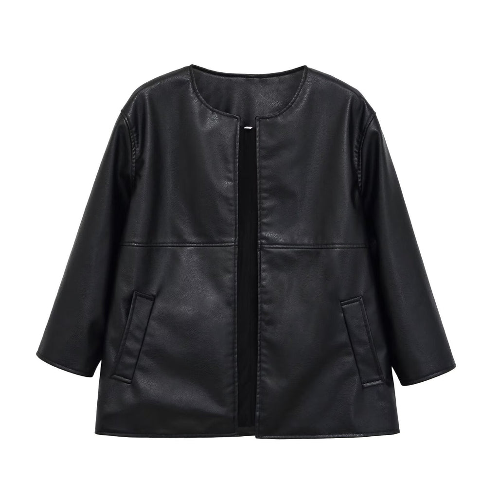 Veste Similicuir Noir Sans Col – Ouverte BYMANYC New York