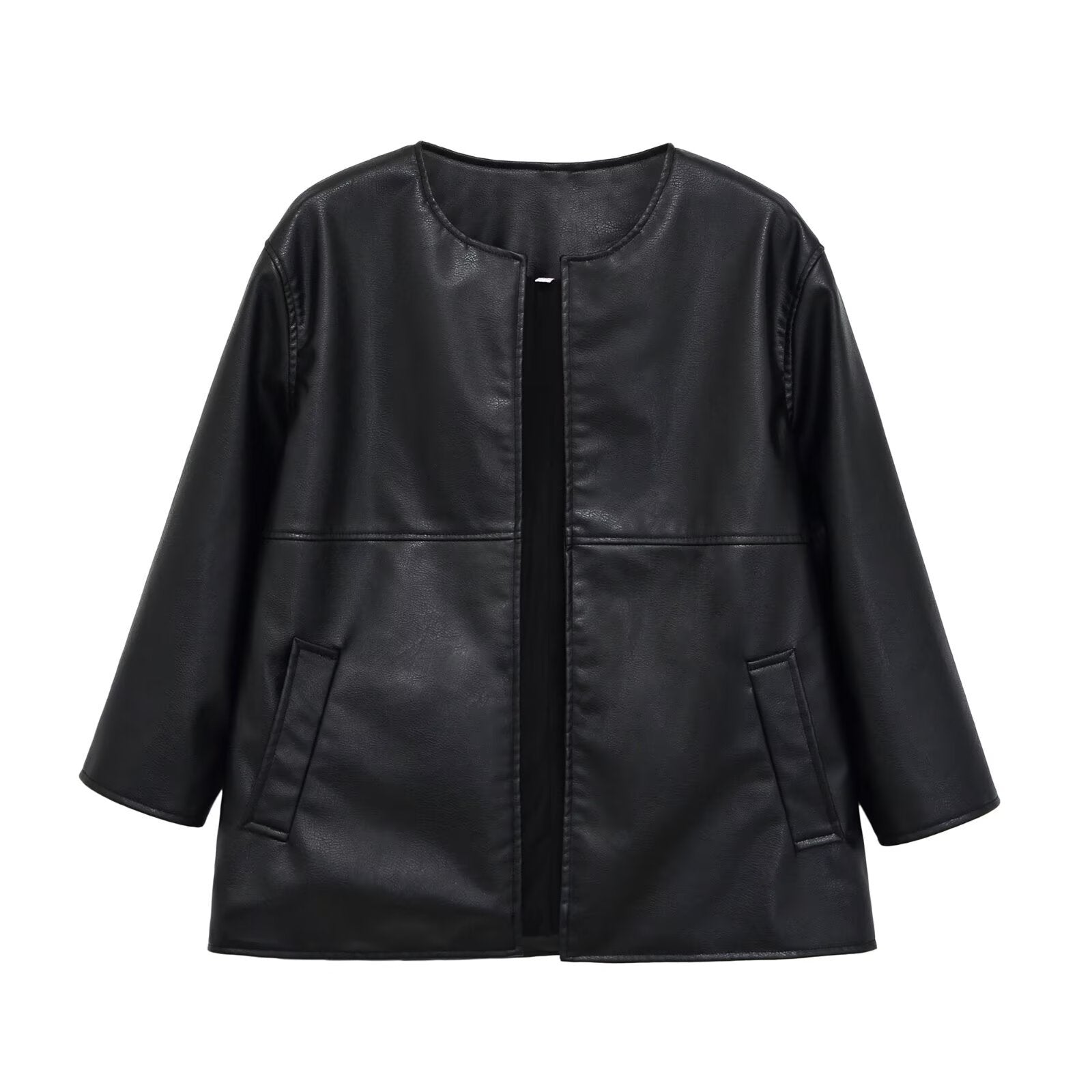 Veste Similicuir Noir Sans Col – Ouverte BYMANYC New York