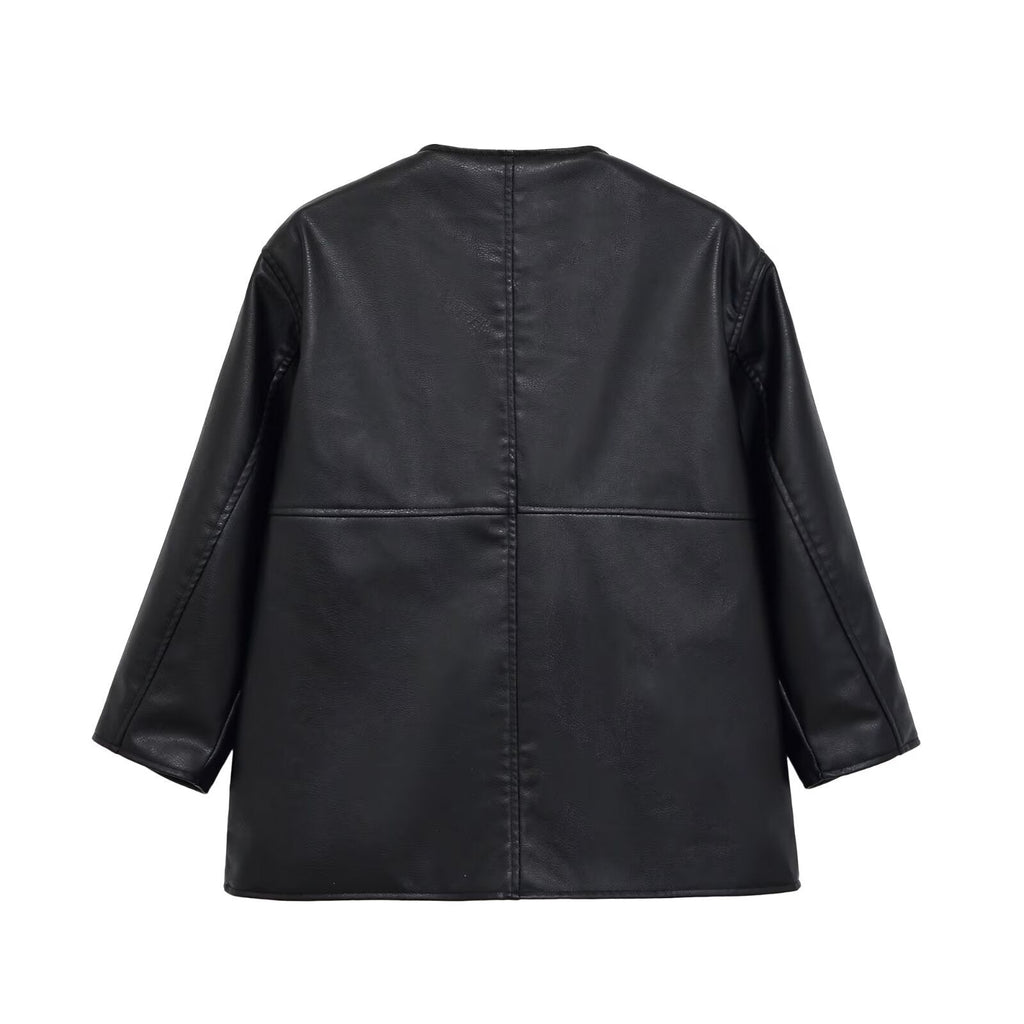 Veste Similicuir Noir Sans Col – Ouverte BYMANYC New York