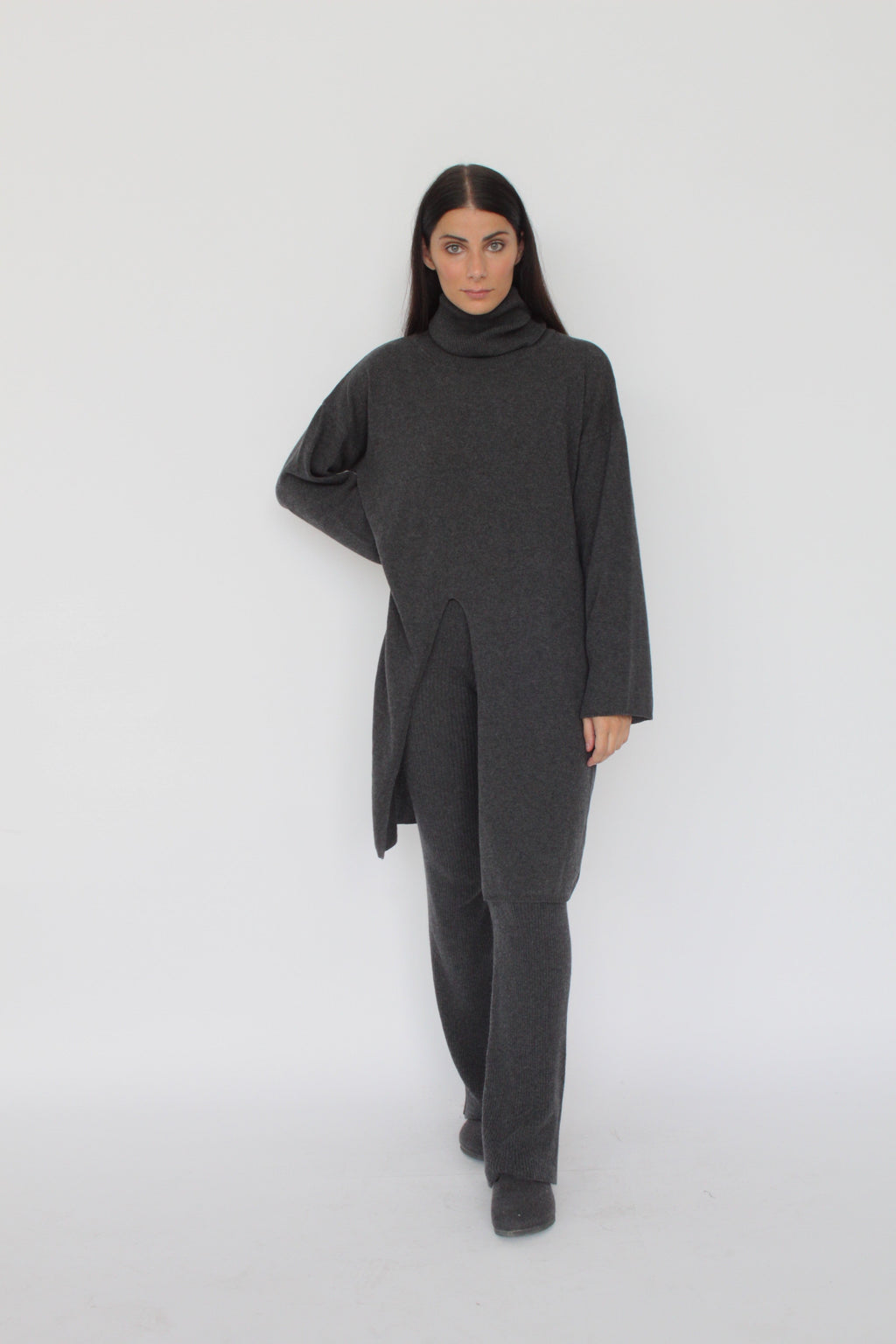 Angela Cashmere-Blend Knit Pants — Ribbed, High Waist, Soft Flare