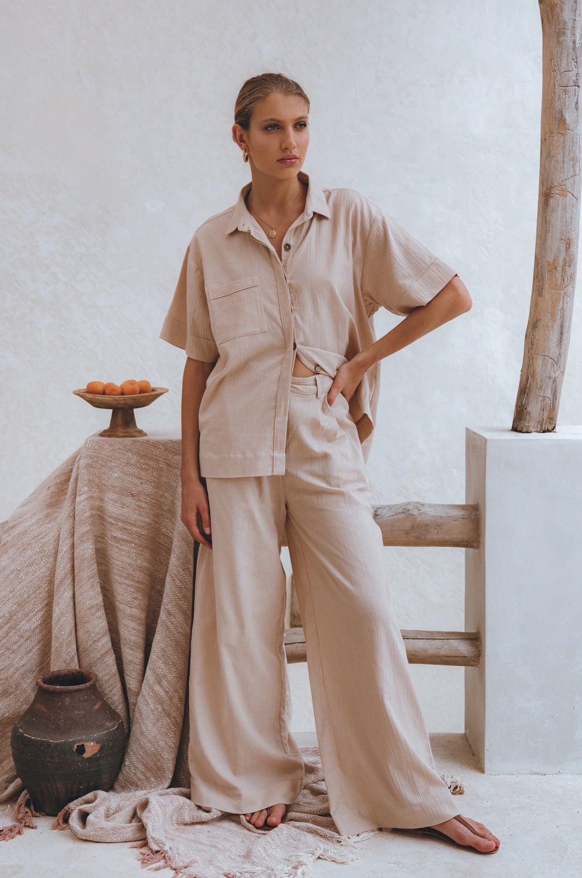 Raya Wide-Leg Linen Pants — Crinkle Linen, High Elastic Waist