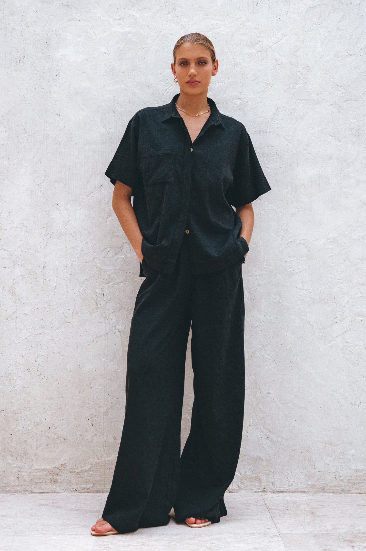 Raya Wide-Leg Linen Pants — Crinkle Linen, High Elastic Waist