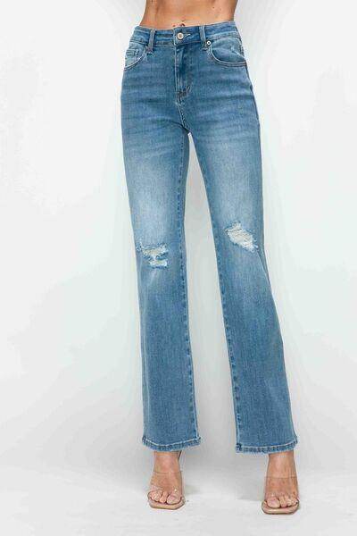 Bytos Distressed High-Rise Straight Jeans — Medium Wash, Full Size