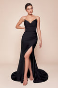 Robe Longue Satinée Stretch Bustier avec Fente et Dos Lacé