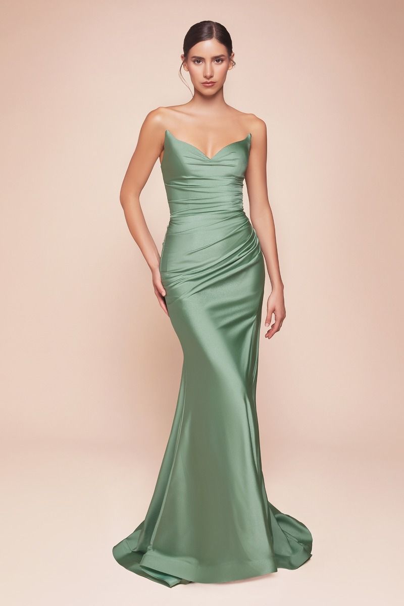 Robe Longue Satinée Stretch Bustier avec Fente et Dos Lacé