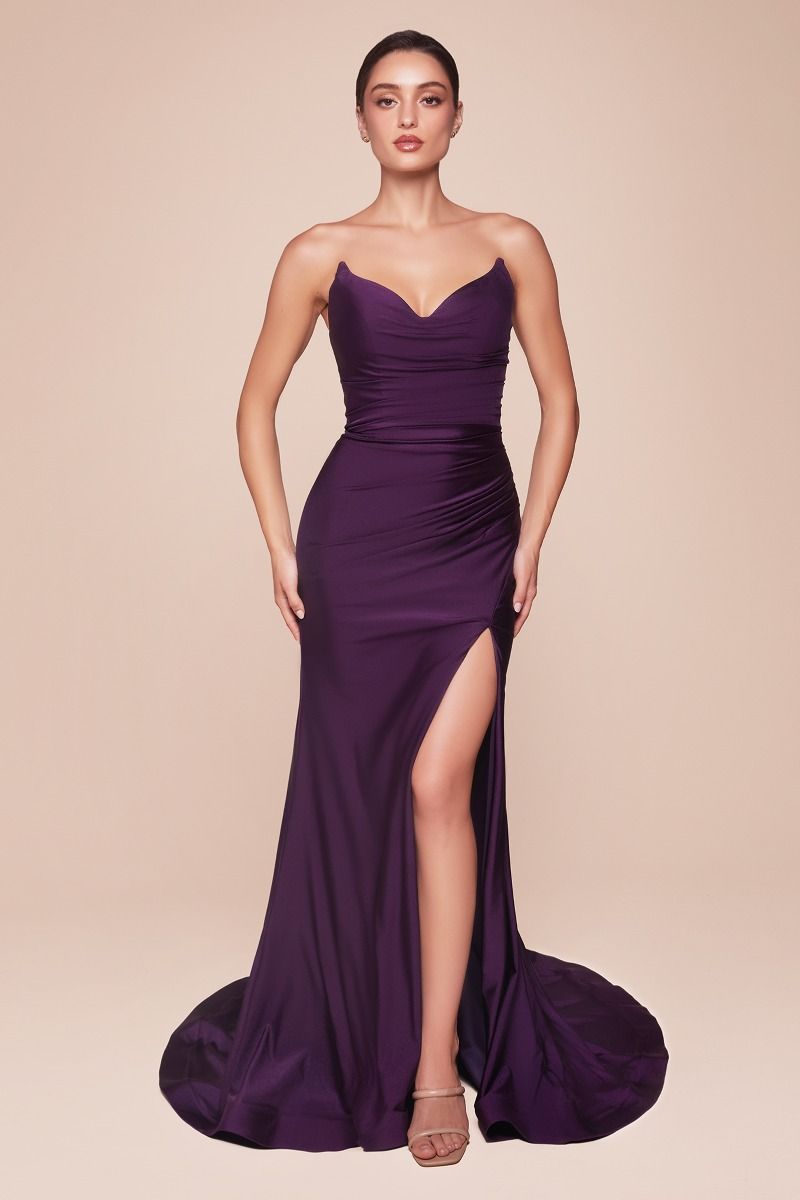 Robe Longue Satinée Stretch Bustier avec Fente et Dos Lacé