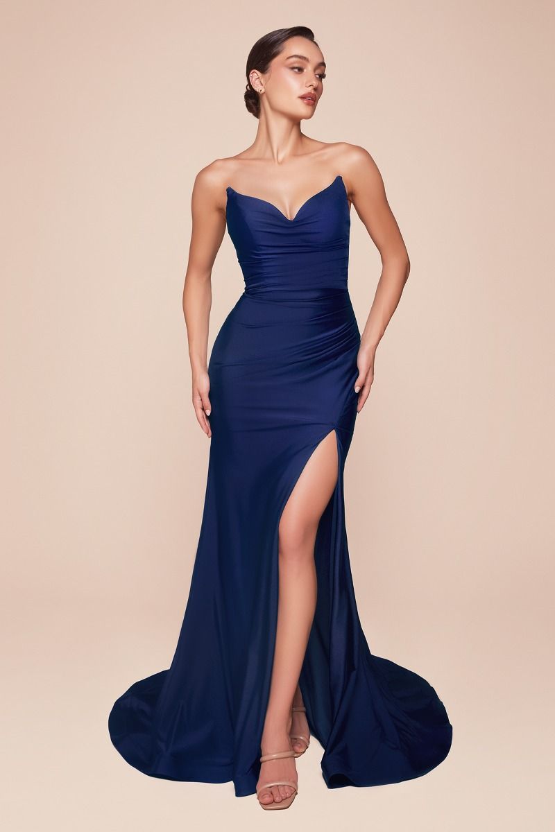 Robe Longue Satinée Stretch Bustier avec Fente et Dos Lacé