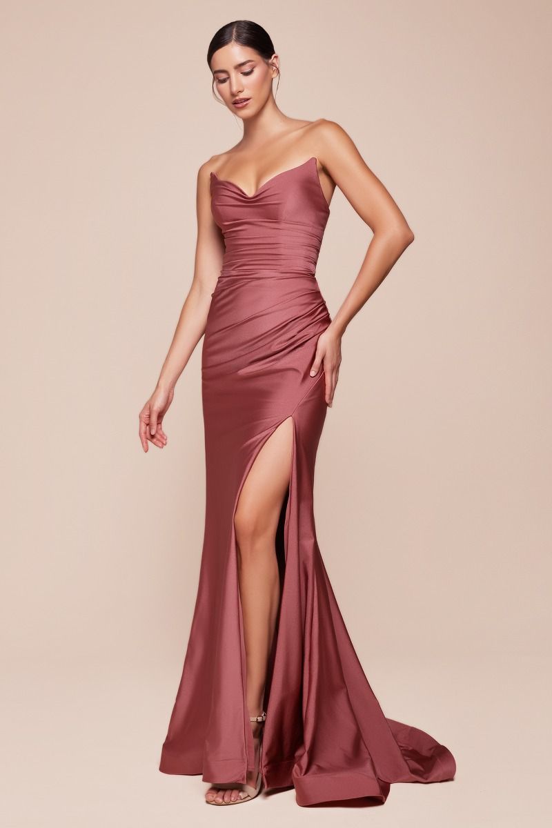 Robe Longue Satinée Stretch Bustier avec Fente et Dos Lacé