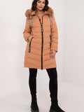 Quilted Knee-Length Jacket — Detachable Fur, Hood, Brown