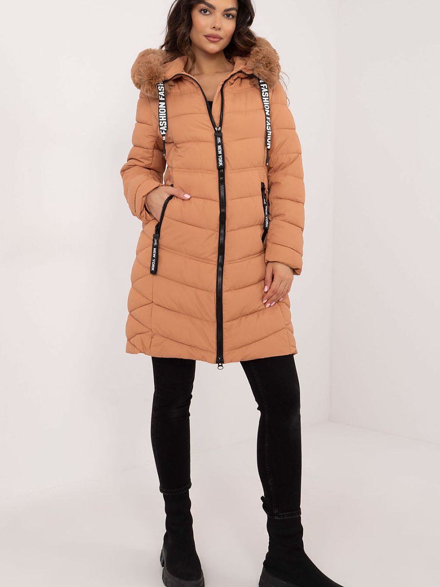 Quilted Knee-Length Jacket — Detachable Fur, Hood, Brown
