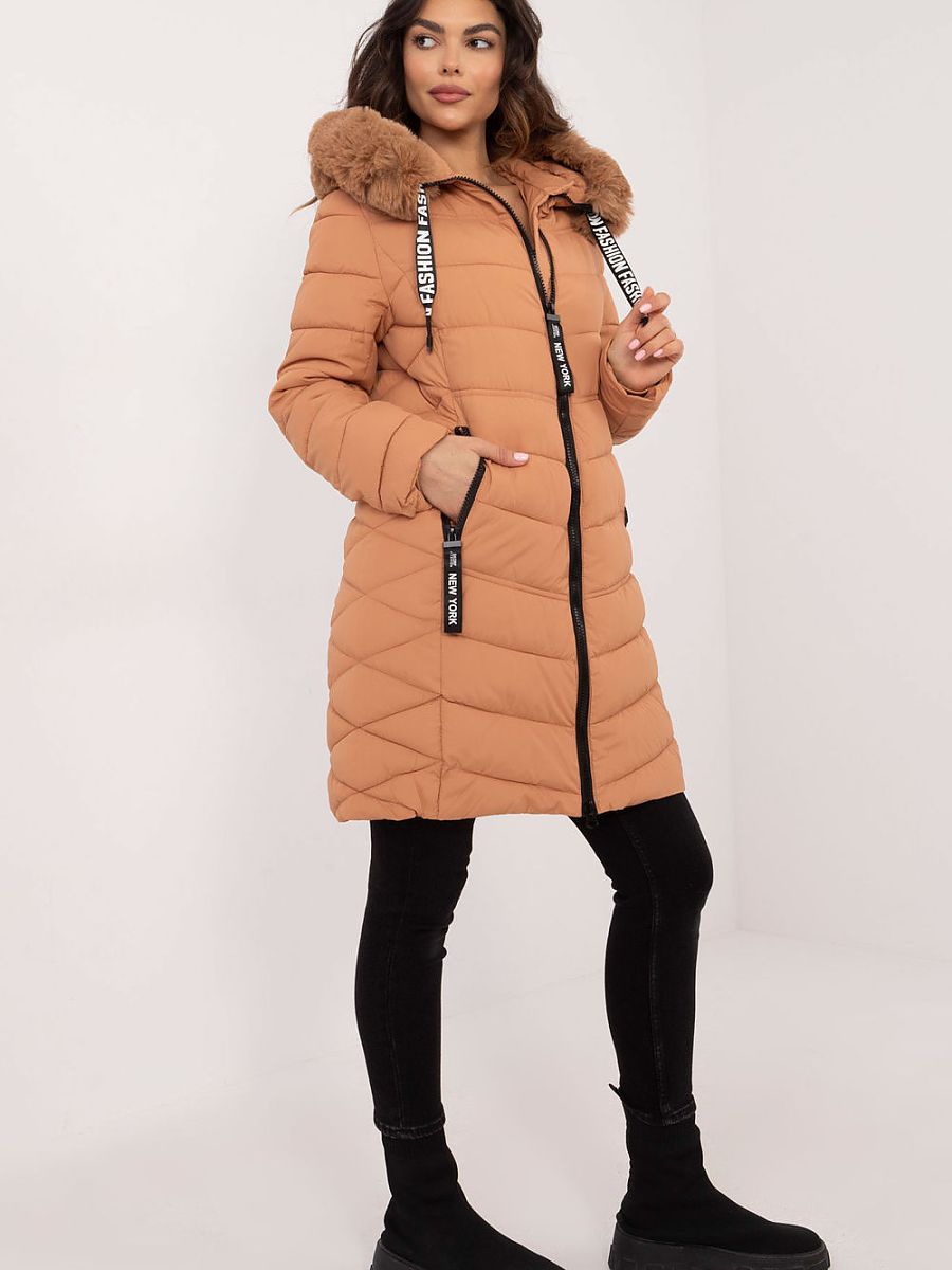 Quilted Knee-Length Jacket — Detachable Fur, Hood, Brown