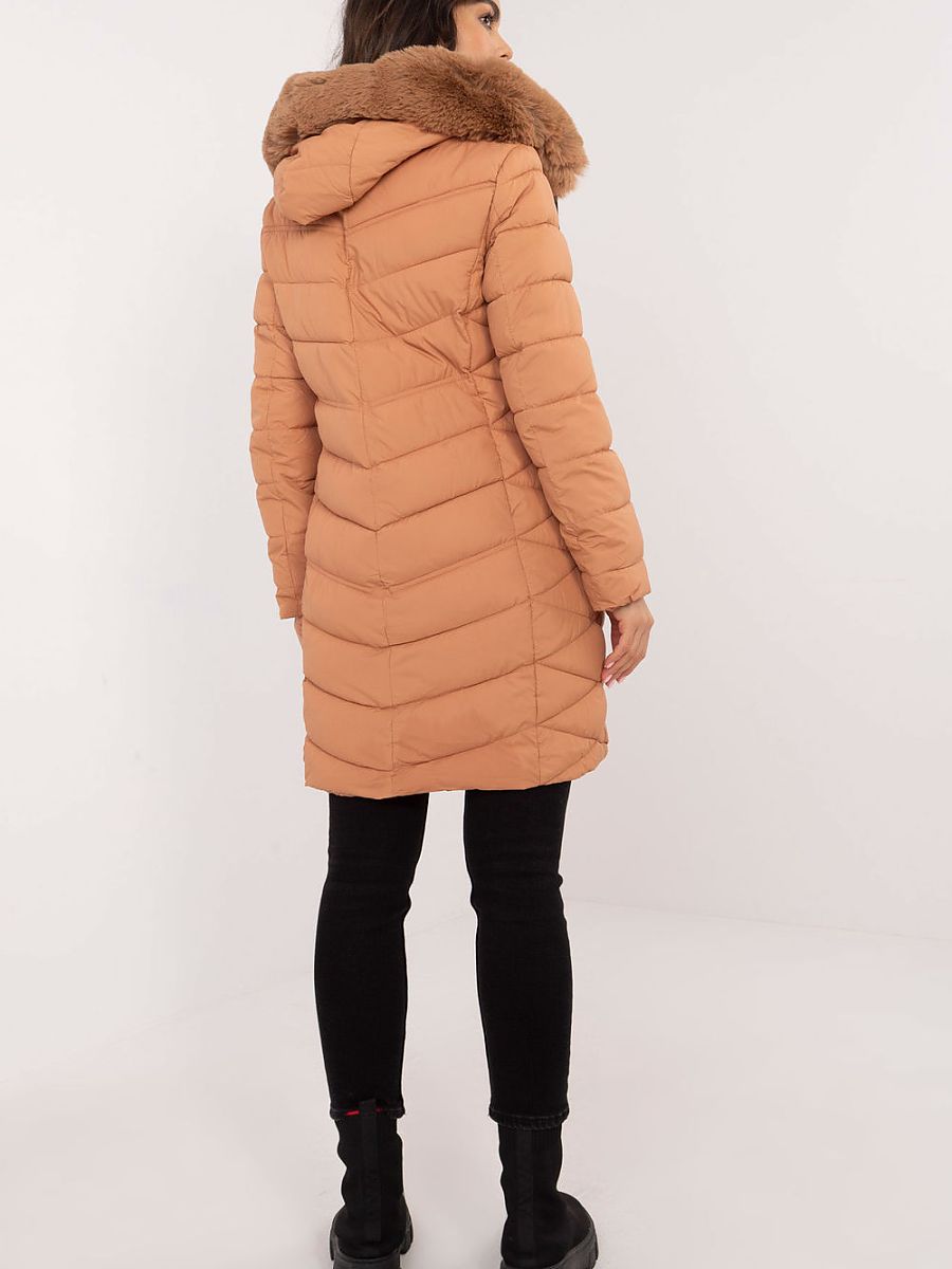 Quilted Knee-Length Jacket — Detachable Fur, Hood, Brown