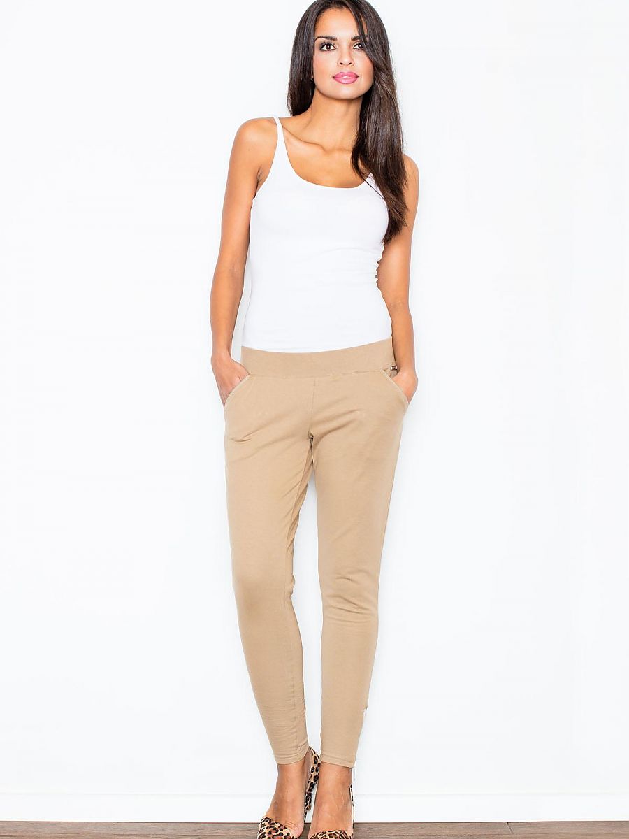 Figl Beige Tapered Trousers — Zip Hems, Cotton Stretch