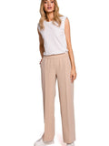 Moe Wide-Leg Pleated Trousers — Elastic Waist, Beige