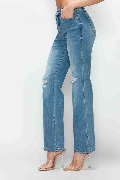 Bytos Distressed High-Rise Straight Jeans — Medium Wash, Full Size