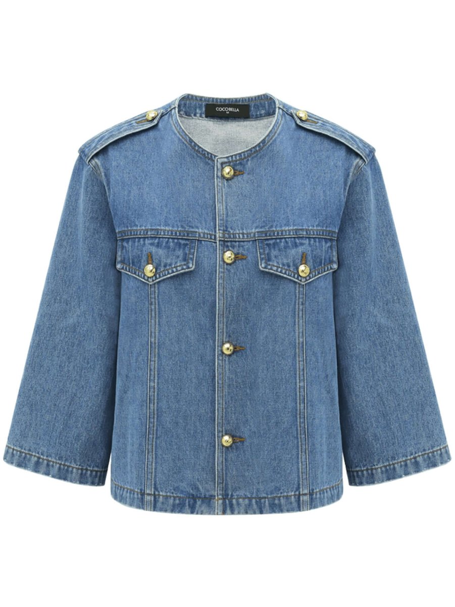 Veste Jean Crop Bleu – Col Rond, Épaulettes et Boutons Dorés
