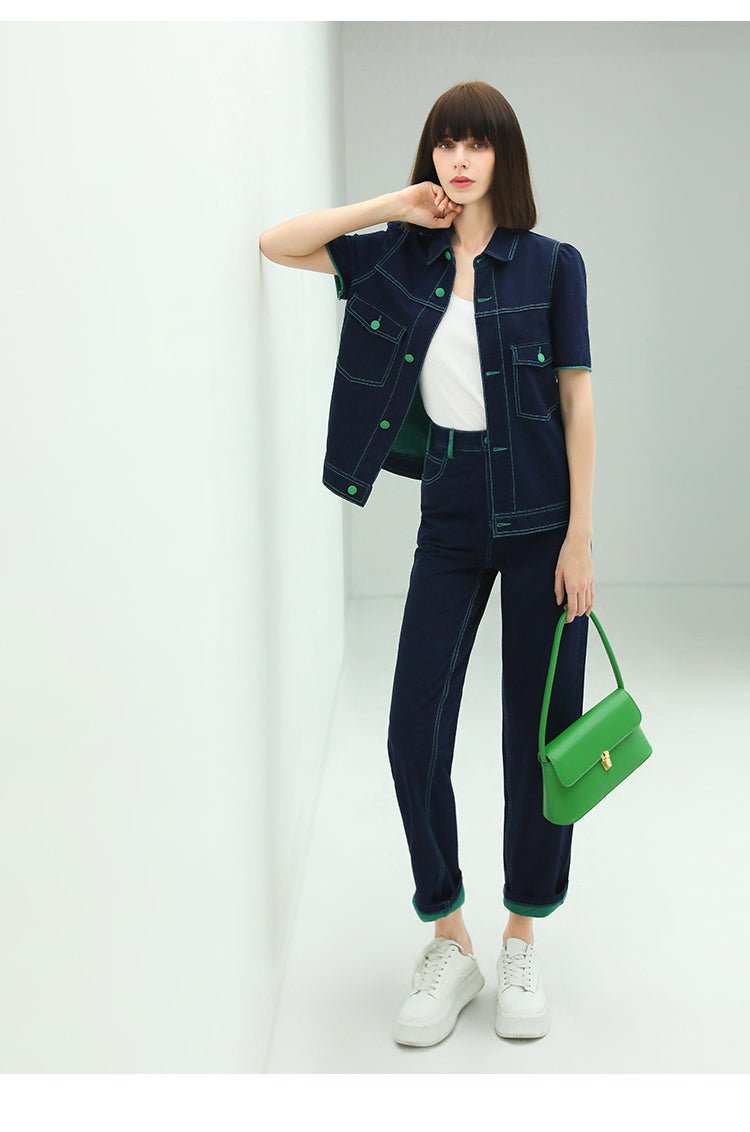 Veste Marine Manches Courtes – Surpiqûres Contrastées et Boutons