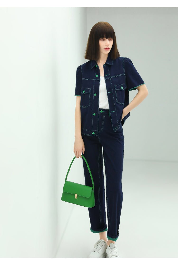 Veste Marine Manches Courtes – Surpiqûres Contrastées et Boutons