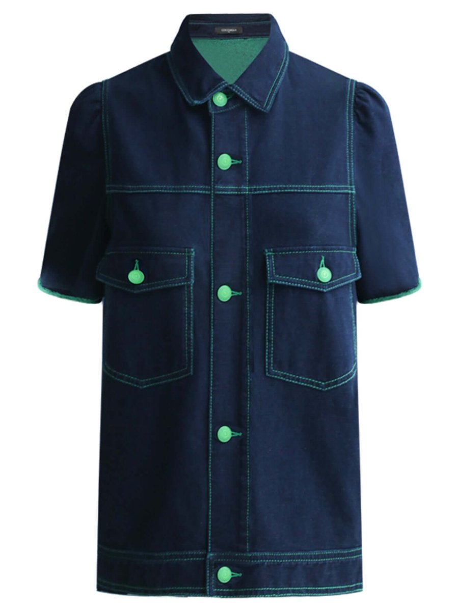 Veste Marine Manches Courtes – Surpiqûres Contrastées et Boutons